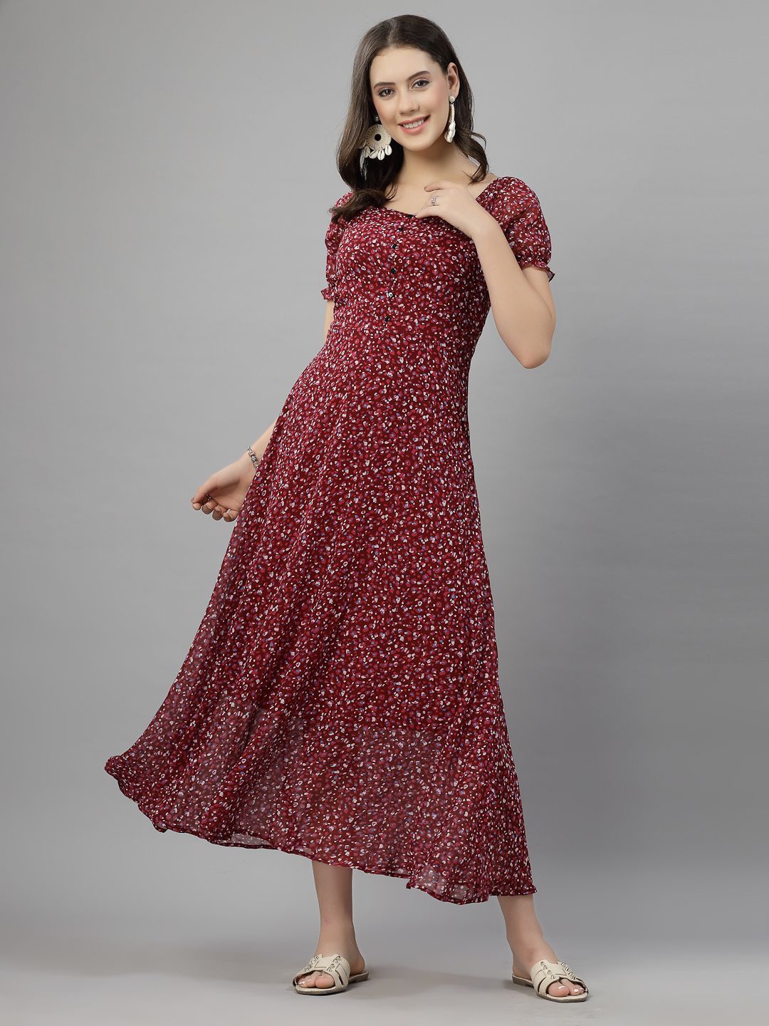 

aayu Floral Printed Puff Sleeve Georgette A-Line Midi Dress, Maroon