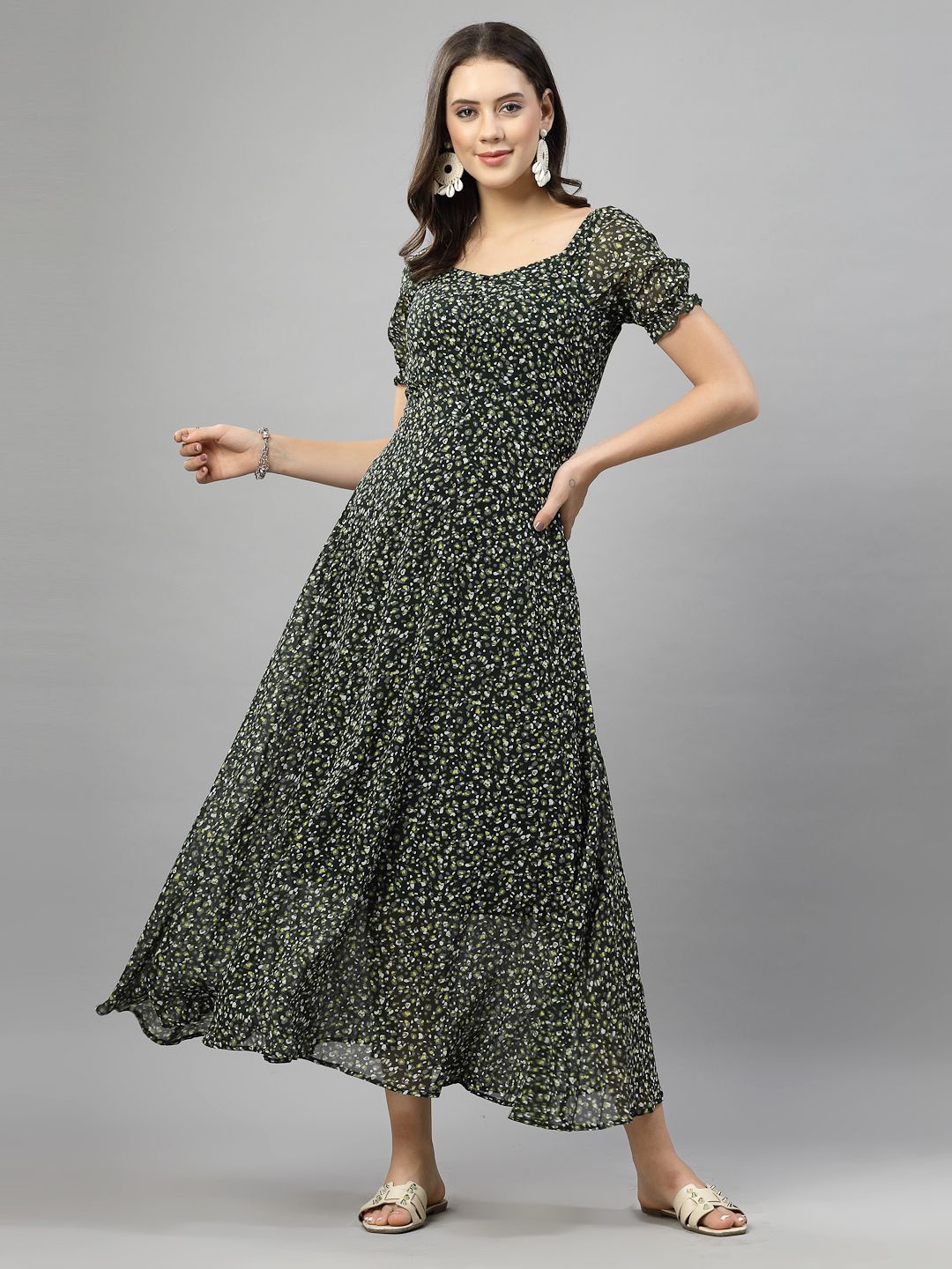 

aayu Floral Printed Puff Sleeve Georgette A-Line Midi Dress, Green