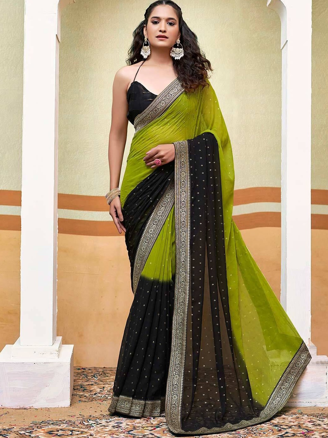 

AWRIYA Floral Zari Pure Georgette Saree, Green
