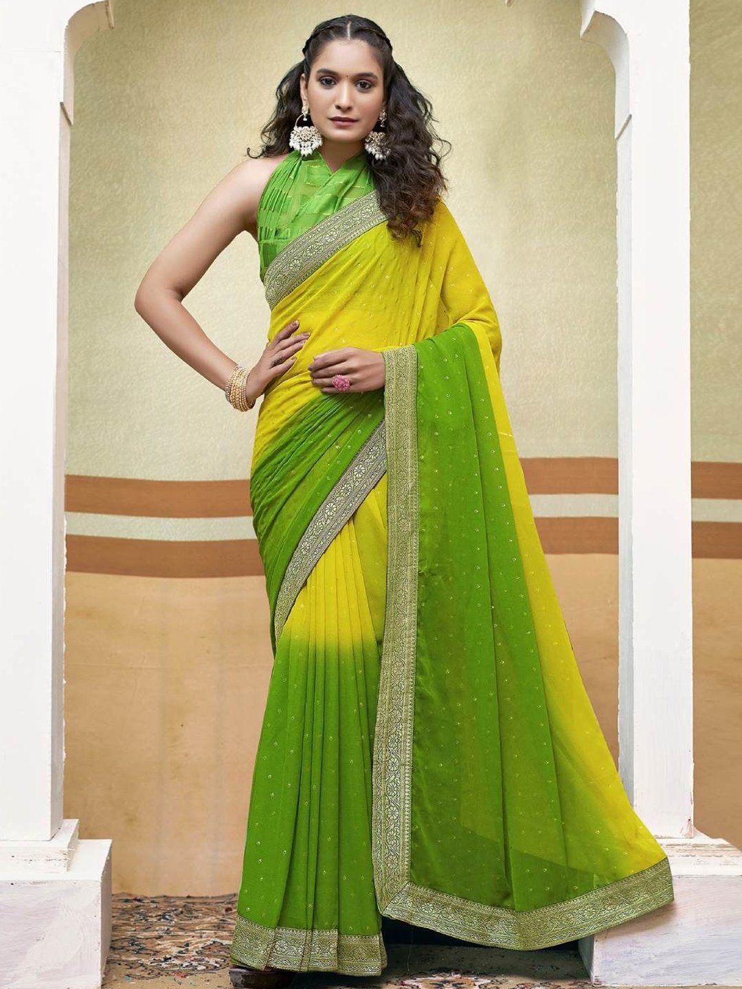 

AWRIYA Ombre Pure Georgette Saree, Yellow