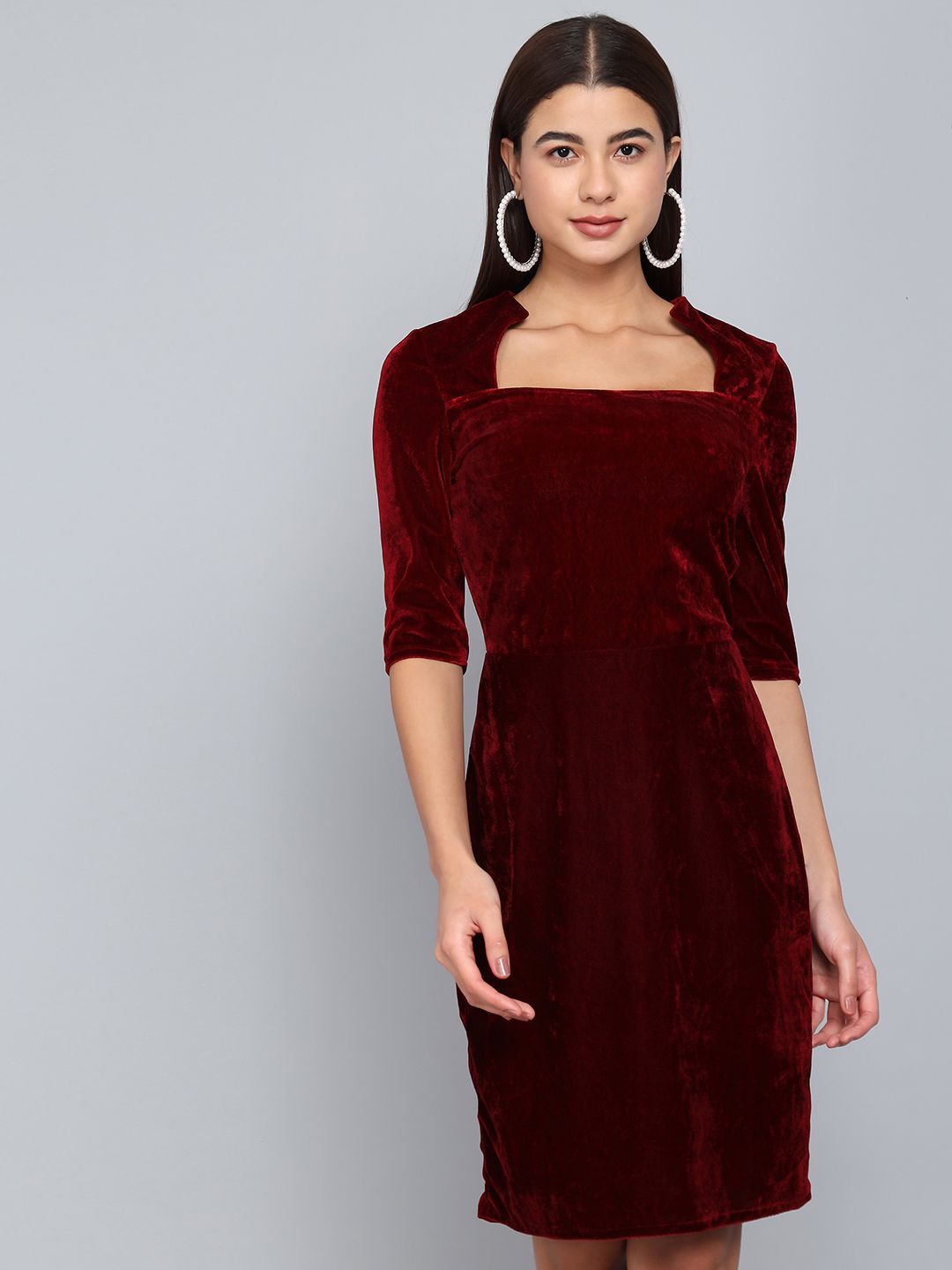 

VAARARO Women Square Neck Velvet Sheath Dress, Burgundy