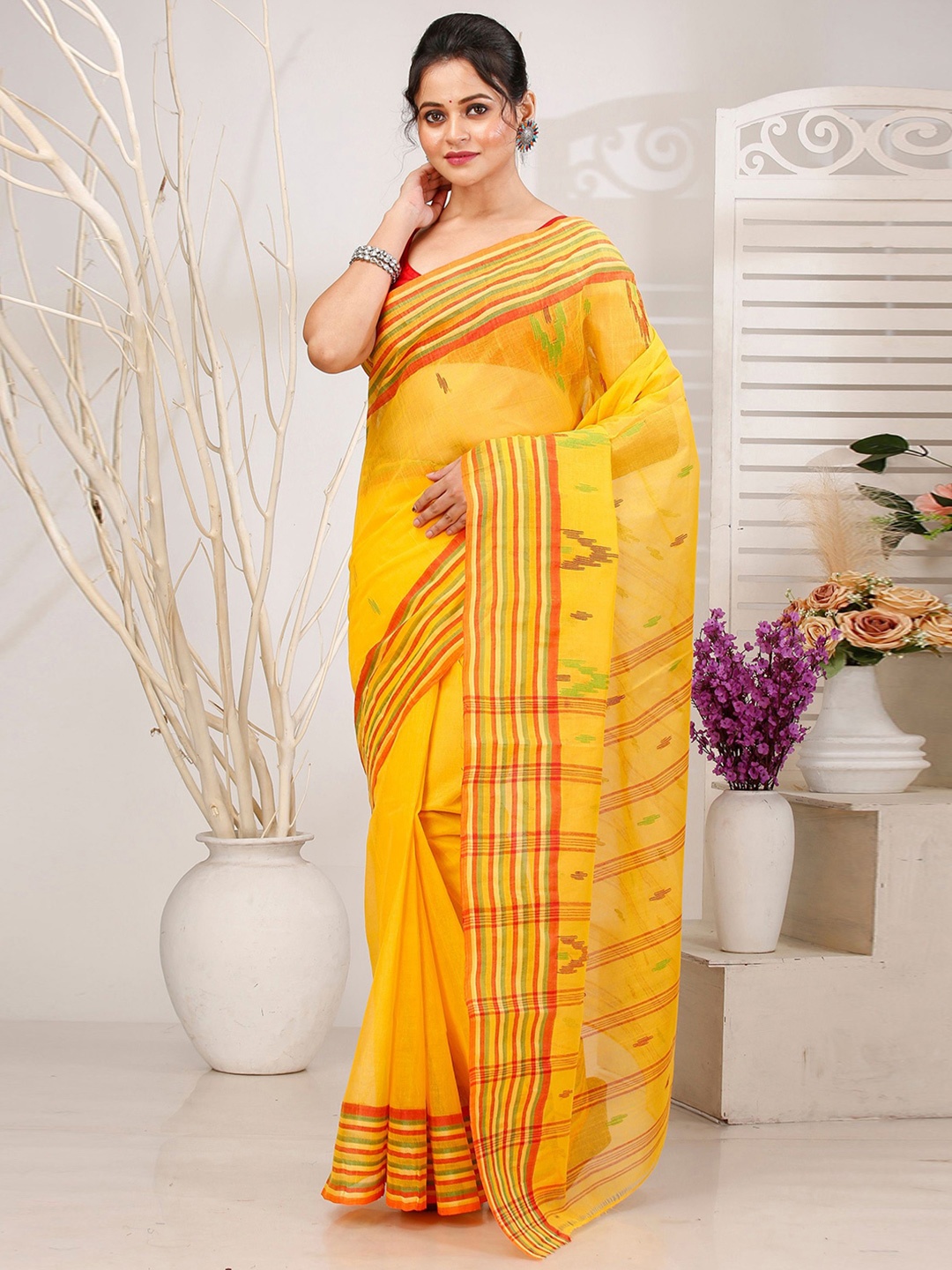 

DipDiya Woven Design Striped Pure Cotton Taant Saree, Yellow
