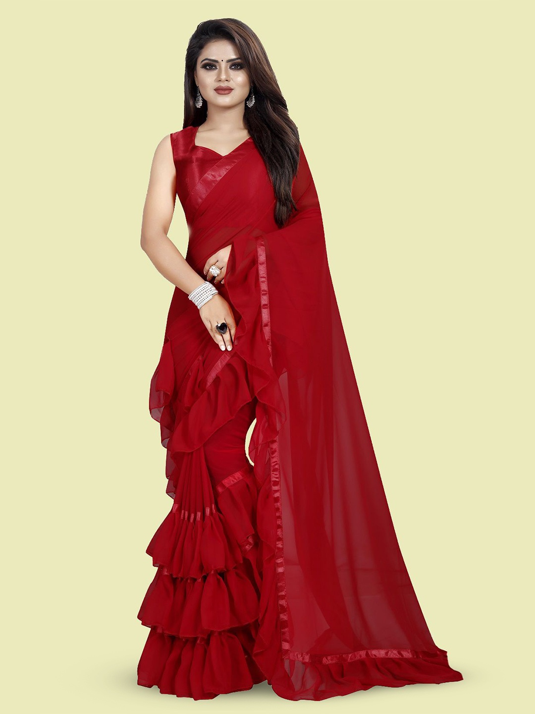 

JULEE Ruffles Pure Georgette Saree, Maroon