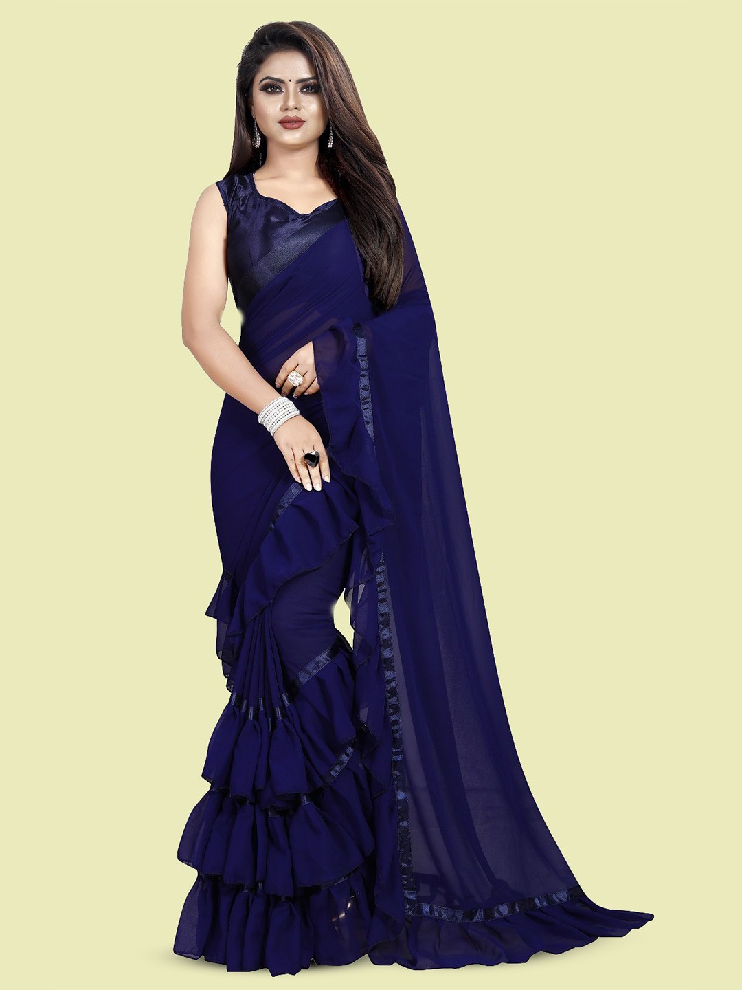 

JULEE Pure Georgette Ruffles Saree, Navy blue