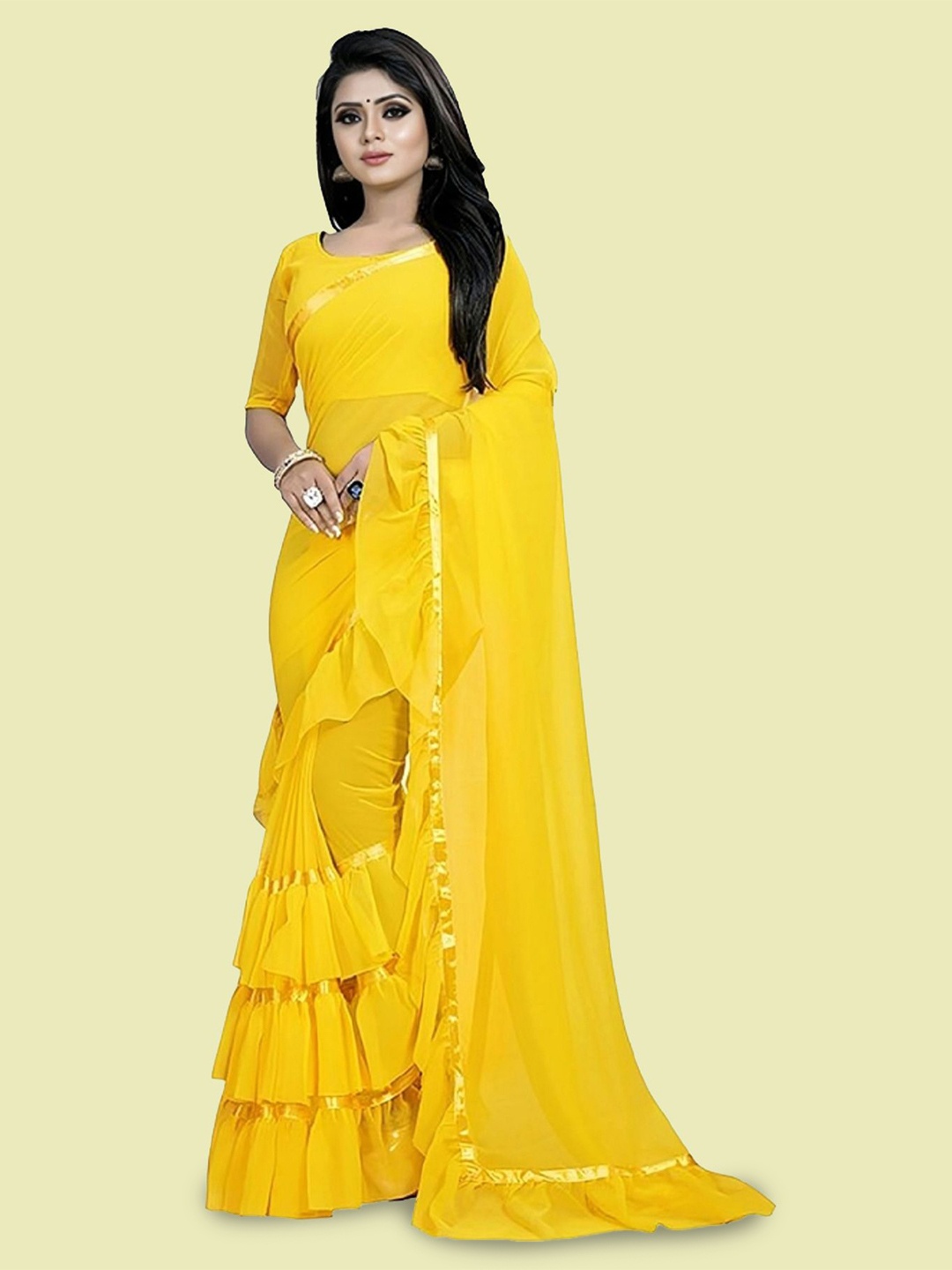 

JULEE Pure Georgette Ruffle Saree, Yellow