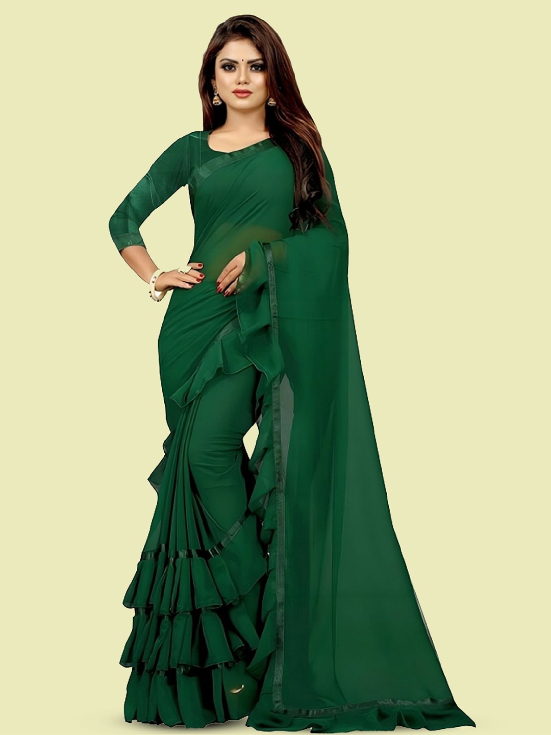 

JULEE Pure Georgette Ruffles Saree, Green