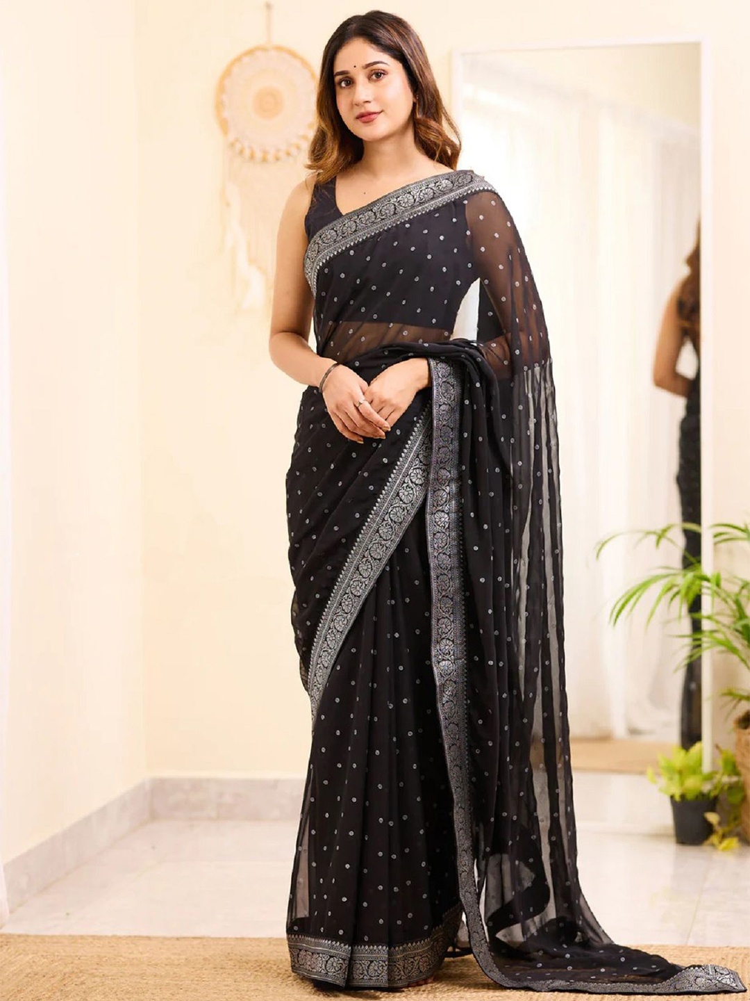 

JULEE Zari Ethnic Motifs Printed Pure Georgette Saree, Black
