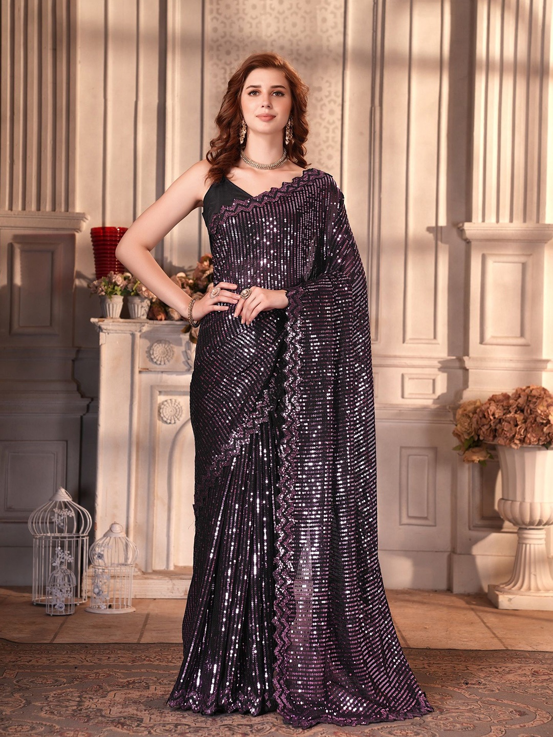 

JULEE Embellished Sequinned Pure Georgette Saree, Purple