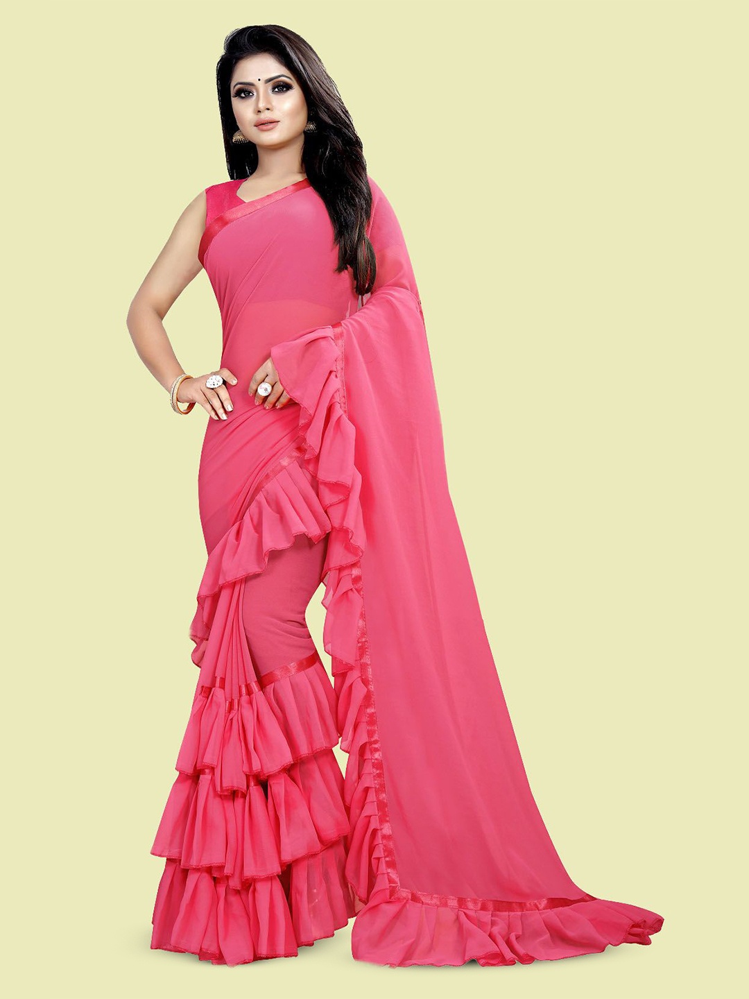 

JULEE Pure Georgette Ruffles Saree, Pink
