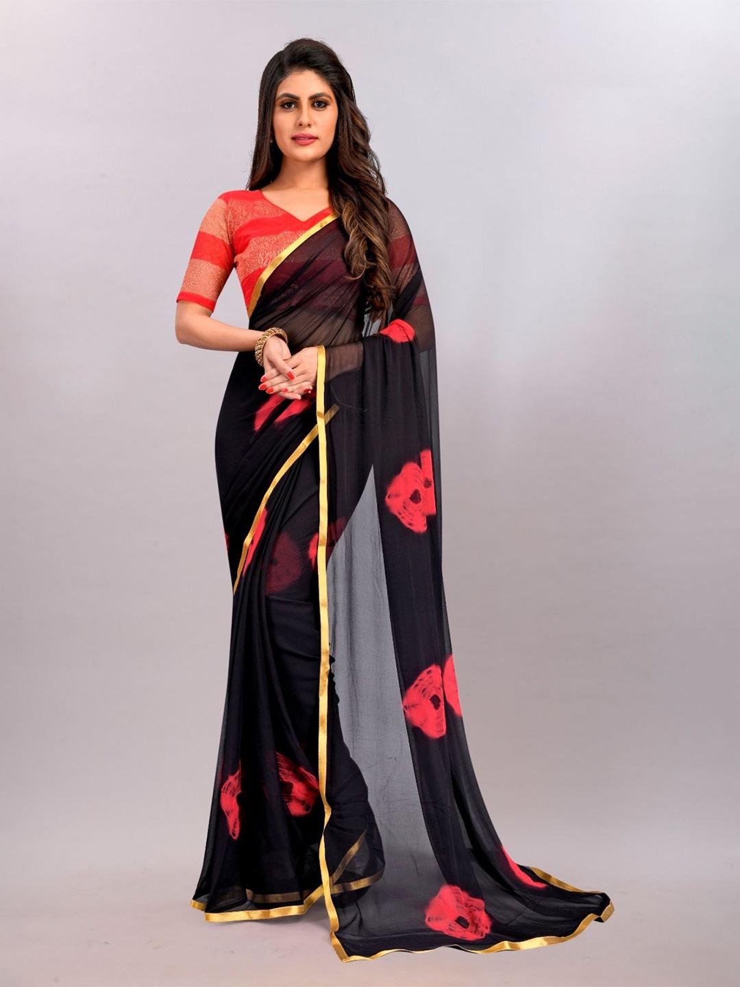 

JULEE Bandhani Pure Chiffon Saree, Red