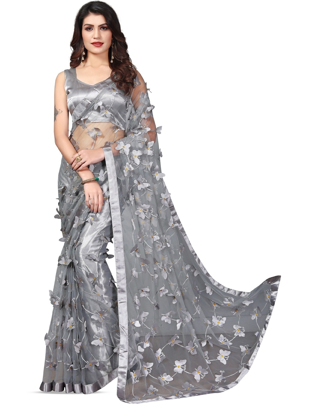 

JULEE Net Abstract Saree, Grey