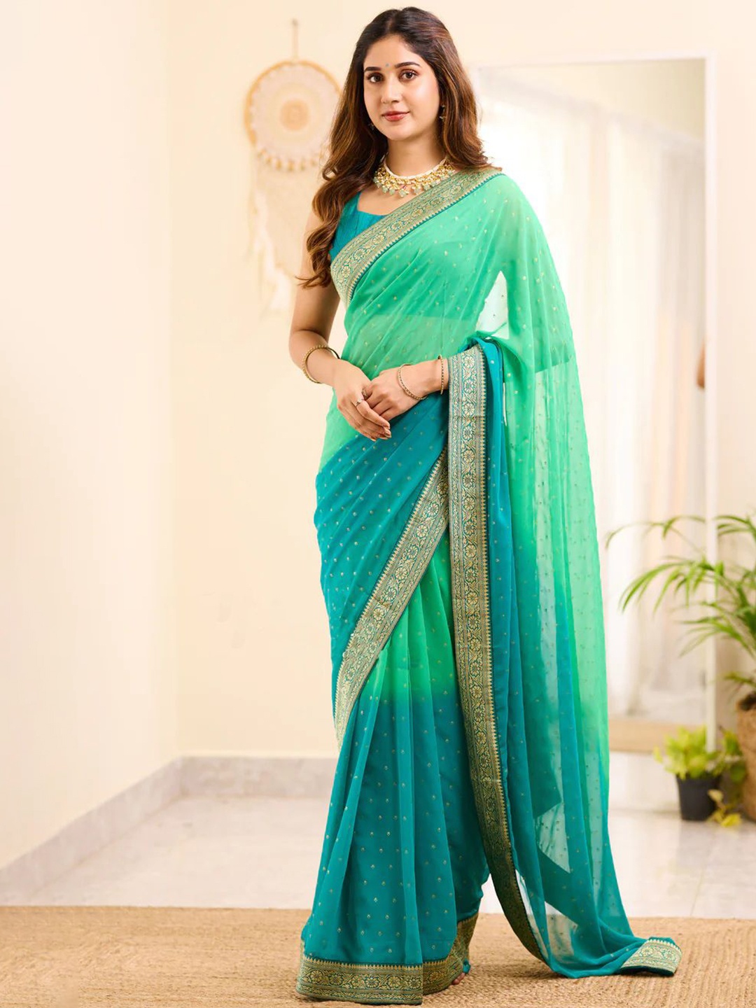 

JULEE Bandhani Zari Pure Georgette Saree, Sea green