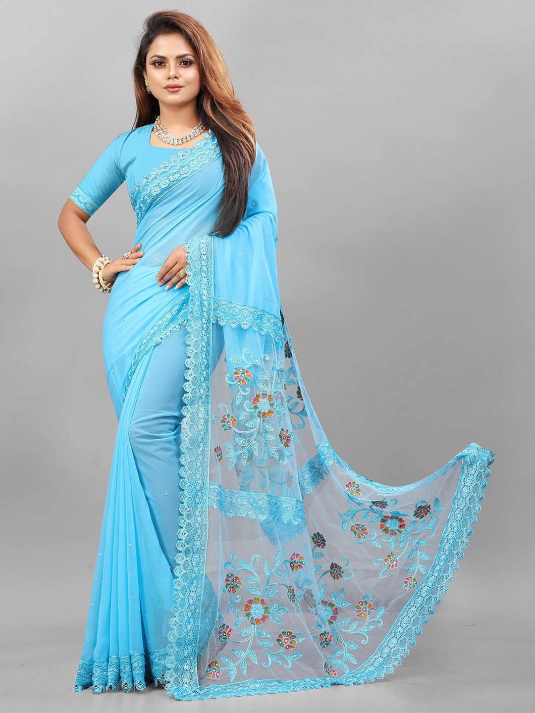 

JULEE Floral Embroidered Sequinned Pure Georgette Saree, Turquoise blue