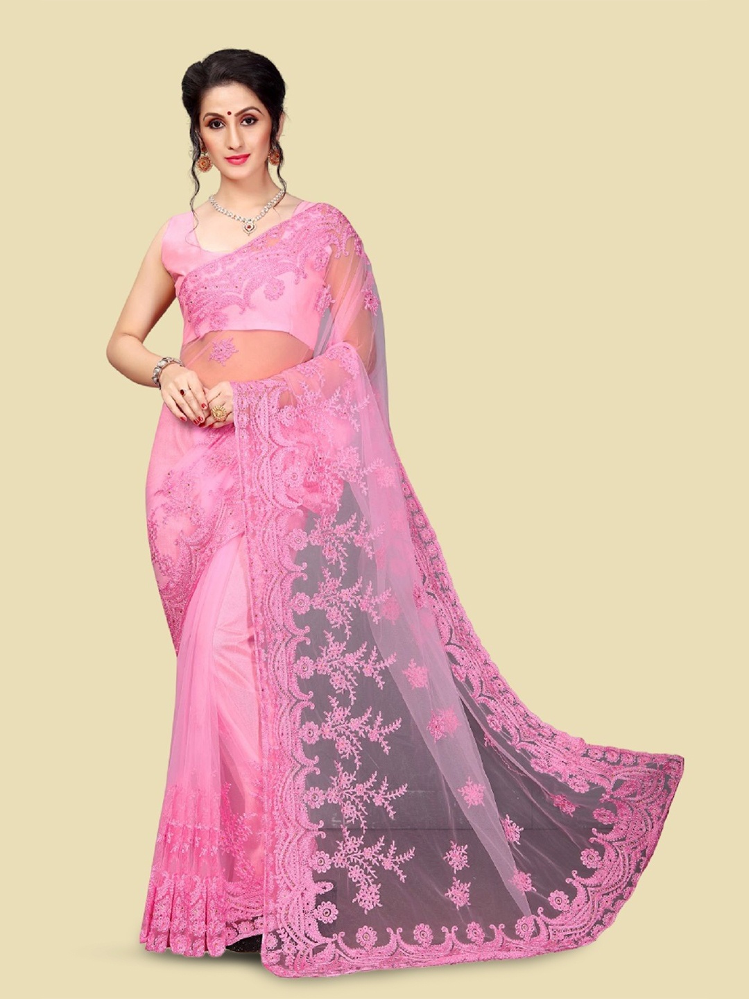 

JULEE Embellished Beads and Stones Net Saree, Pink