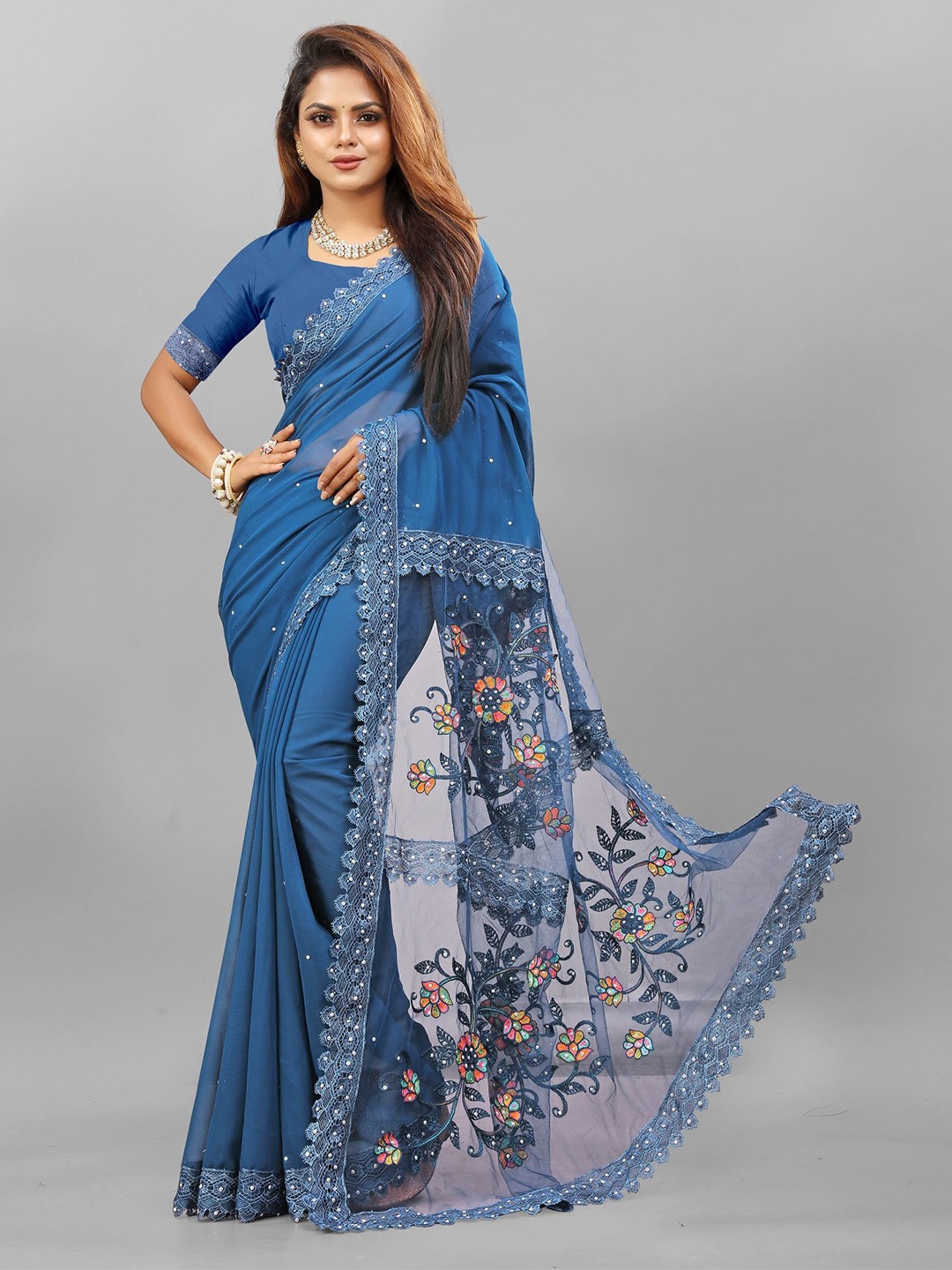 

JULEE Embellished Embroidered Pure Georgette Saree, Blue