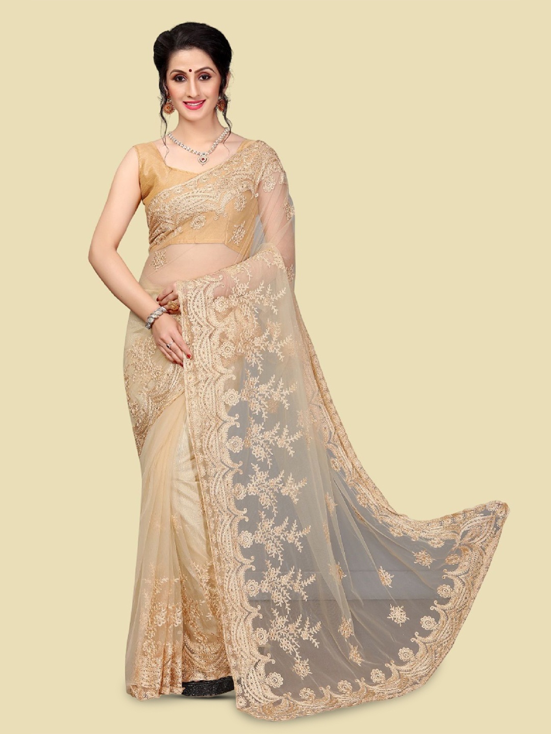 

JULEE Embellished Embroidered Net Saree, Cream