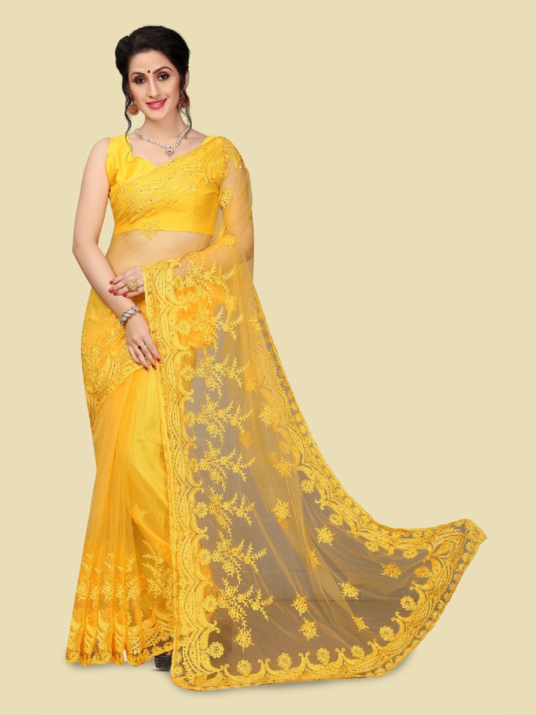 

JULEE Embellished Embroidered Net Saree, Yellow
