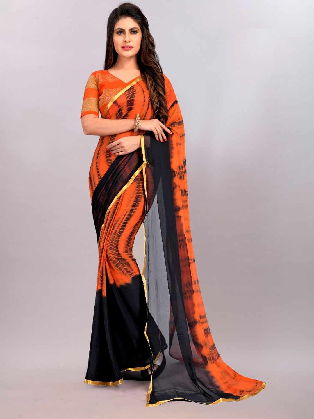 

JULEE Tie and Dye Zari Pure Chiffon Saree, Orange