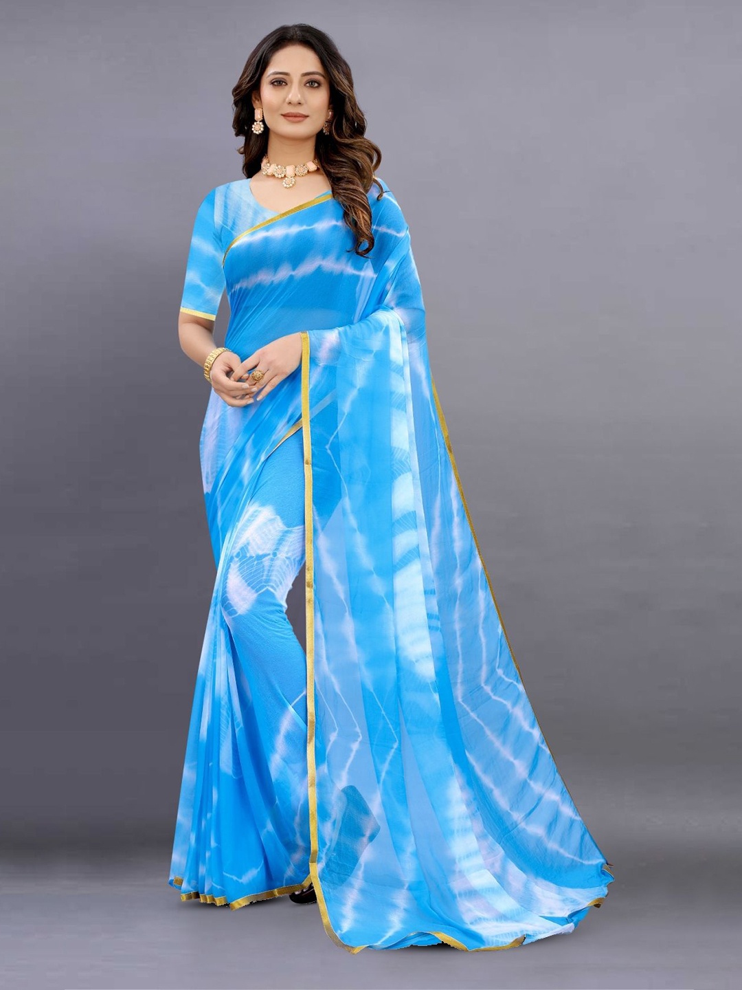 

JULEE Tie and Dye Printed Pure Chiffon Saree, Blue