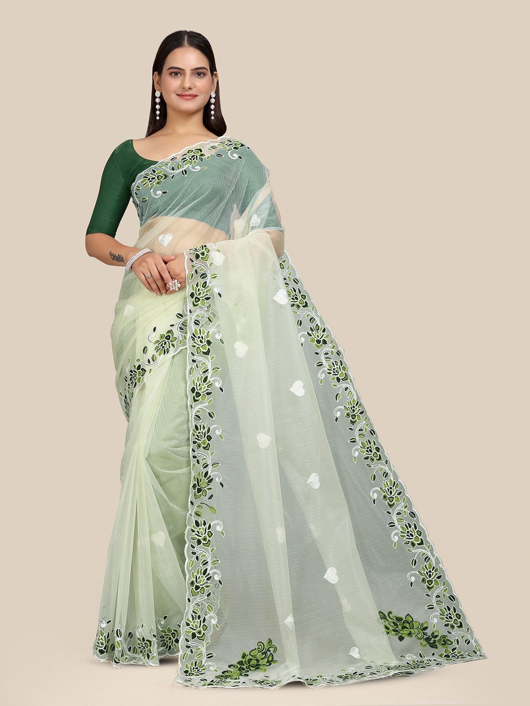 

JULEE Floral Embroidered Net Saree, Green