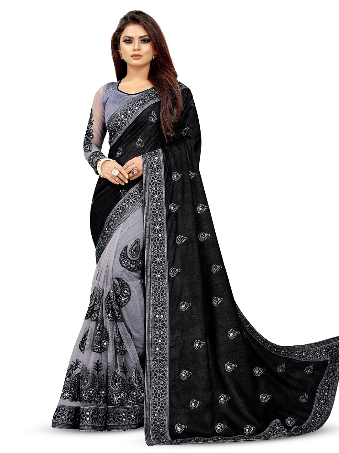 

JULEE Embellished Embroidered Saree, Black