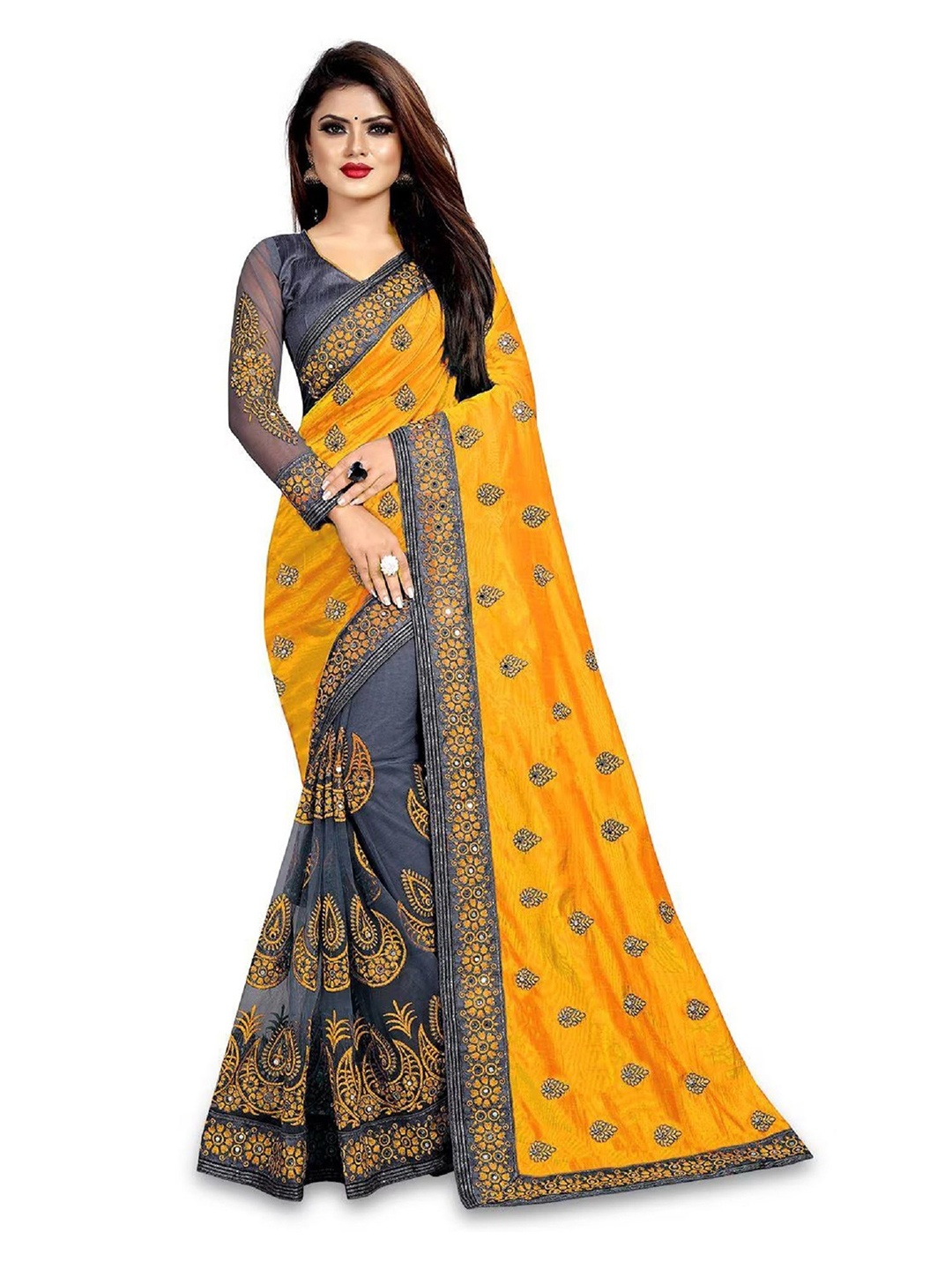 JULEE Ethnic Motifs Mirror Work Half and Half Saree, Yellow