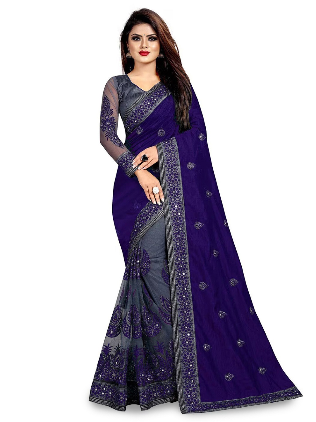

JULEE Embroidered Embellished Half and Half Saree, Navy blue