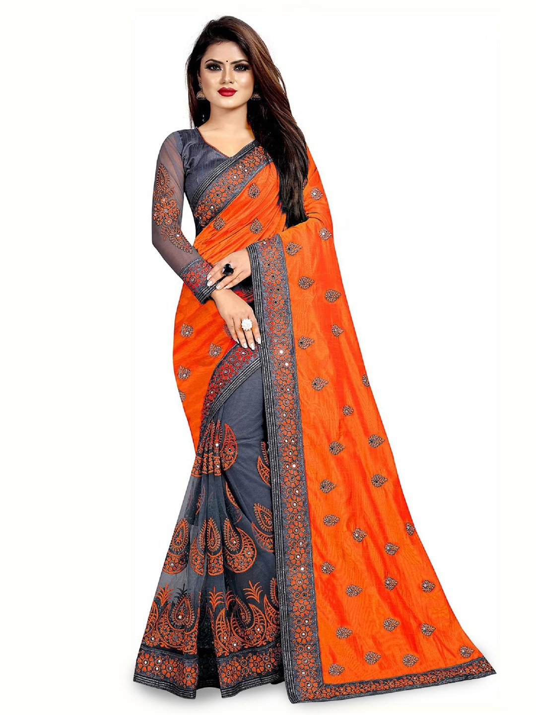 

JULEE Embroidered Embellished Half & Half Saree, Orange