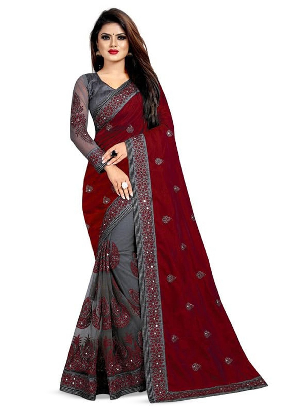 

JULEE Ethnic Motifs Mirror Work Half and Half Saree, Maroon