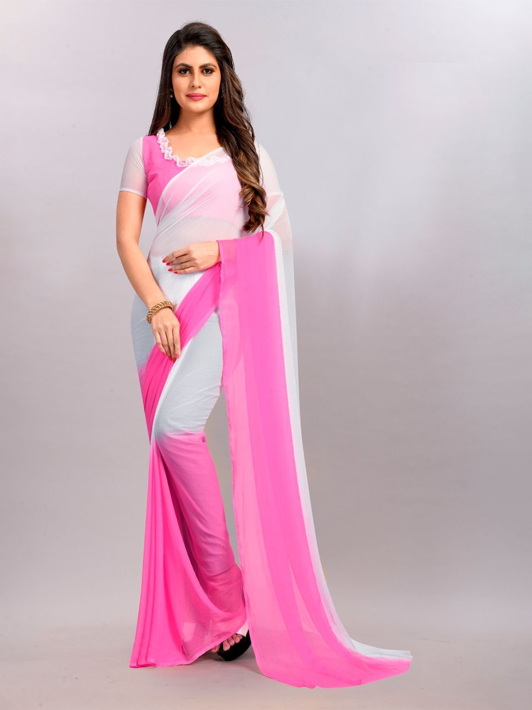 

JULEE Pure Chiffon Half and Half Saree, Pink