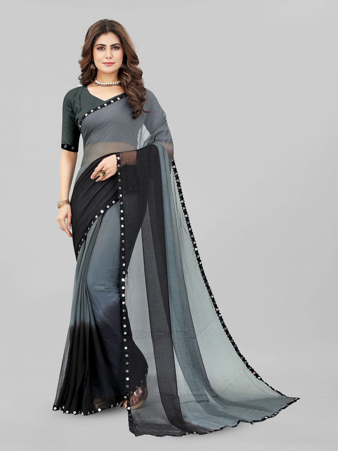 

JULEE Sequinned Pure Chiffon Half and Half Saree, Grey