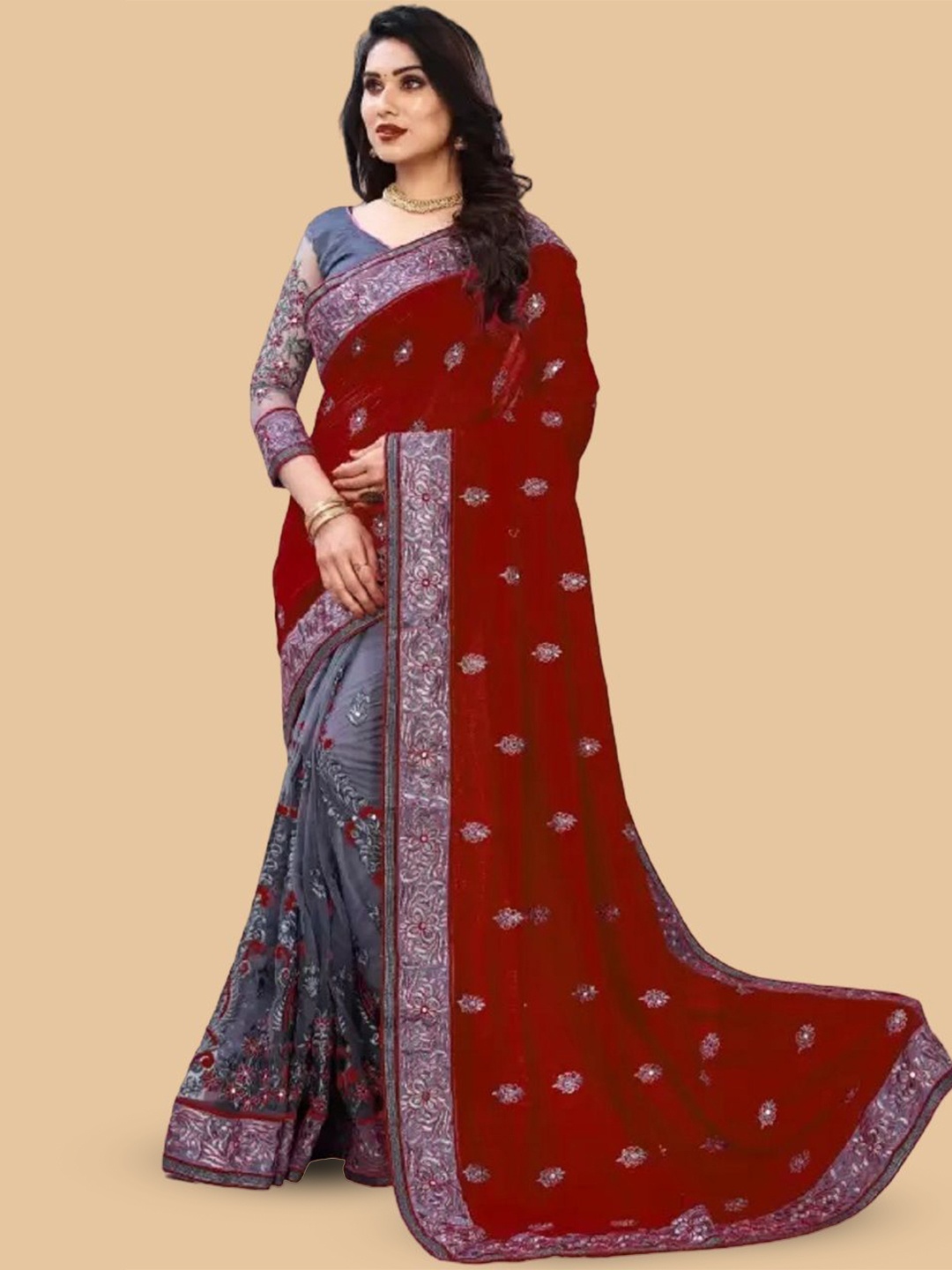 

JULEE Embellished Embroidered Half and Half Saree, Maroon