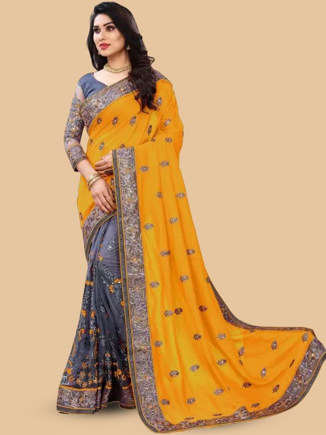 

JULEE Embellished Embroidered Saree, Yellow