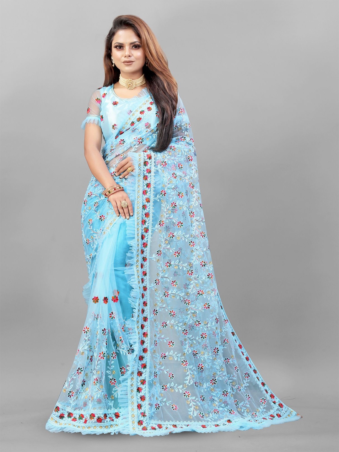 

JULEE Embellished Embroidered Net Saree, Turquoise blue