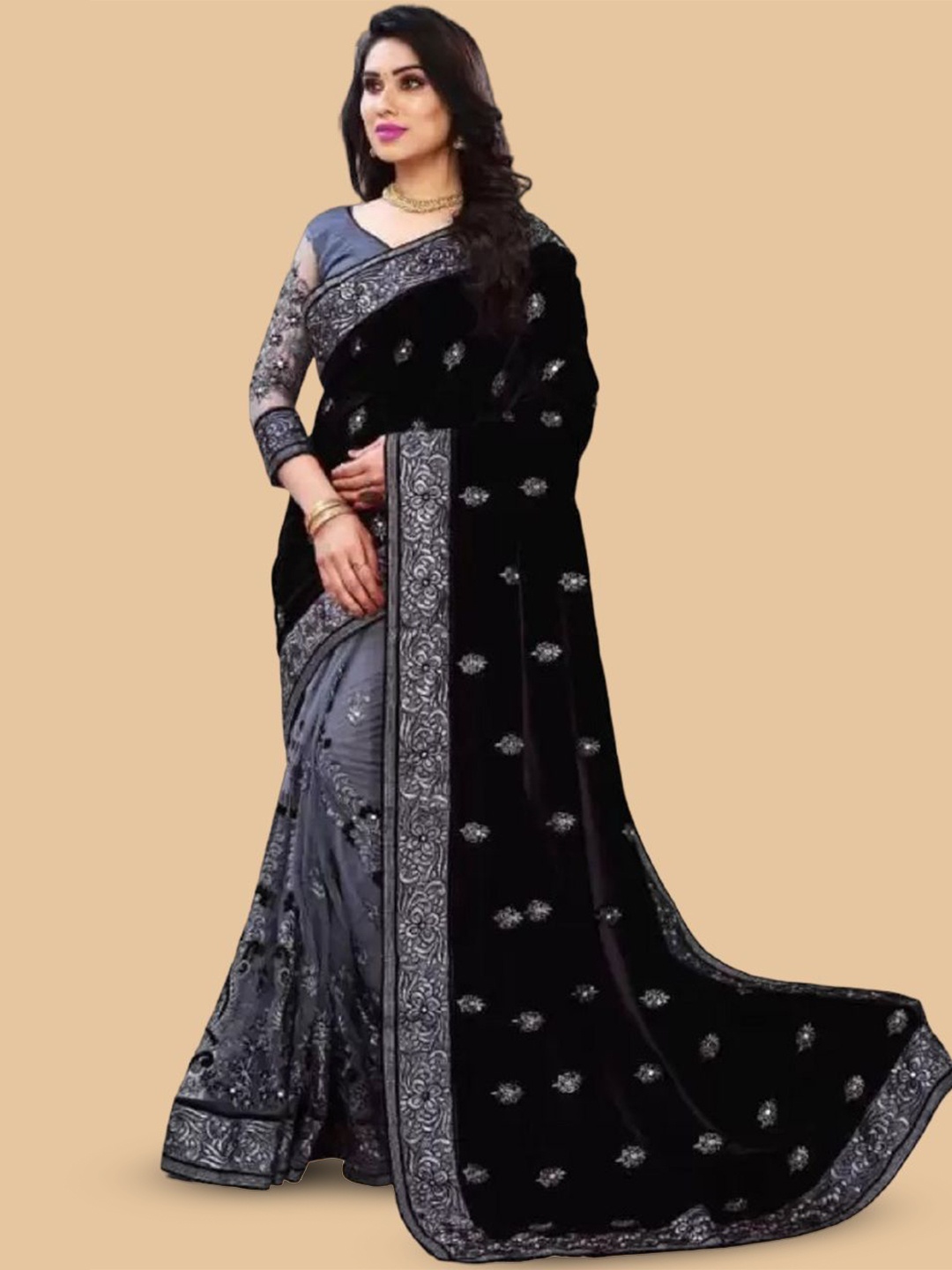 

JULEE Embellished Embroidered Saree, Black