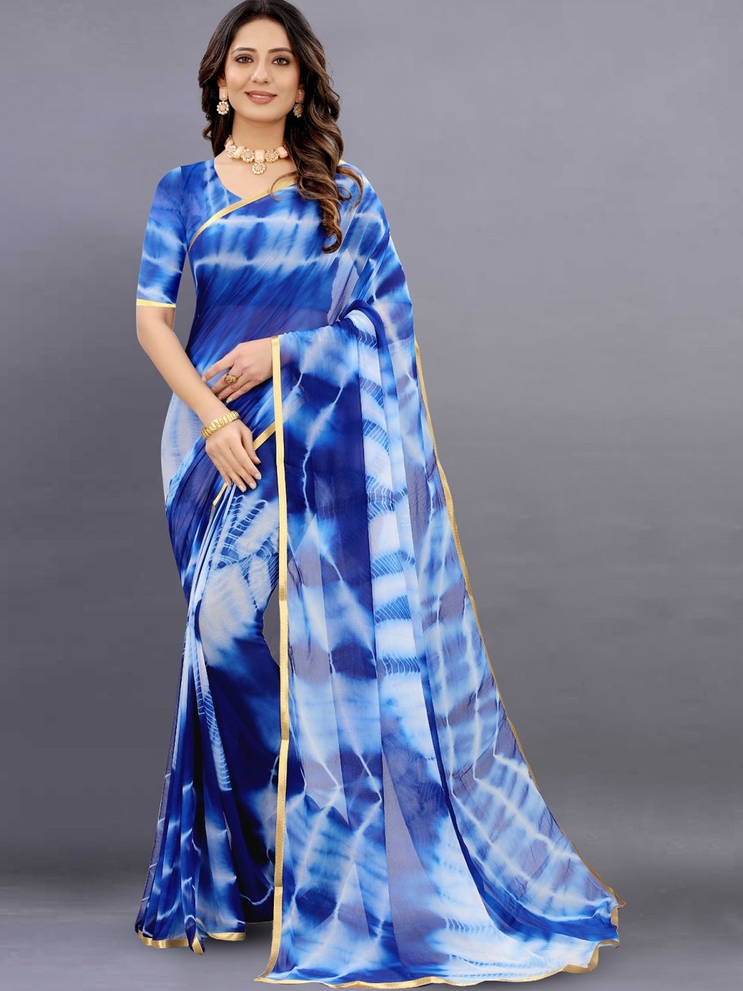 

JULEE Tie and Dye Pure Chiffon Saree, Blue