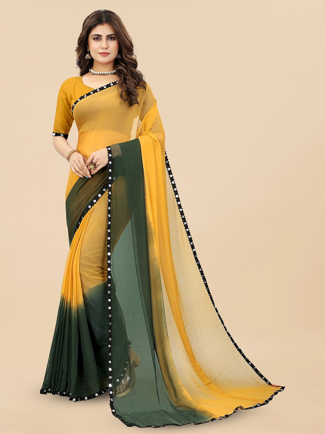 

JULEE Ombre Embroidered Pure Chiffon Half and Half Saree, Mustard