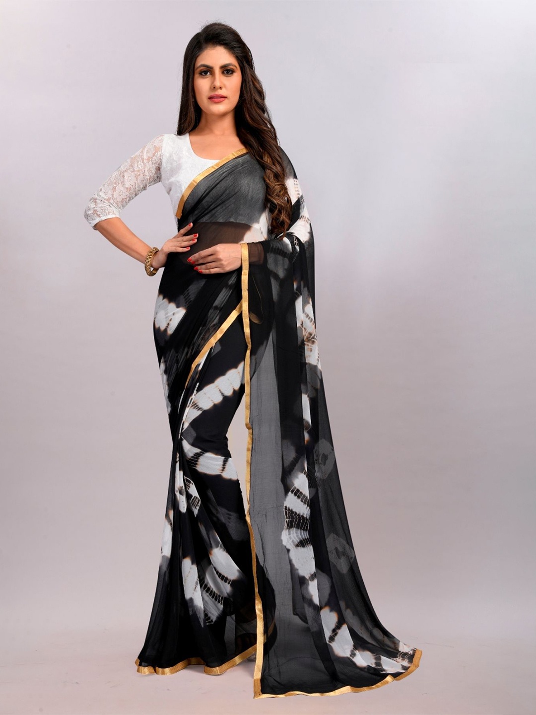 

JULEE Leheriya Zari Pure Chiffon Saree, Black