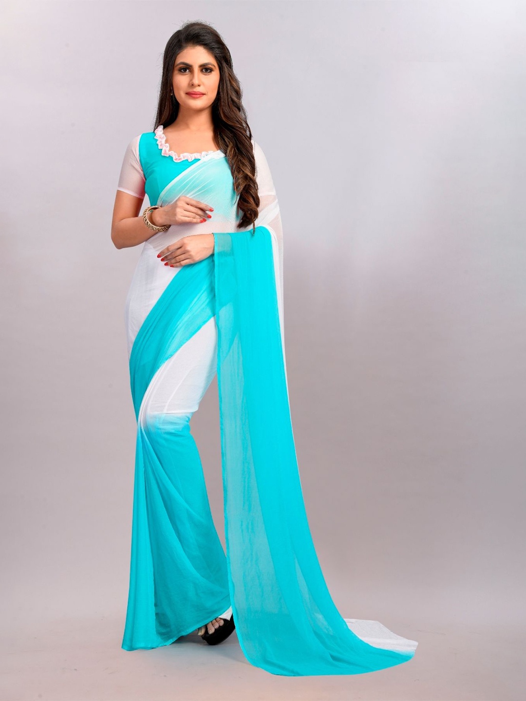 

JULEE Ombre Pure Chiffon Half and Half Saree, Turquoise blue