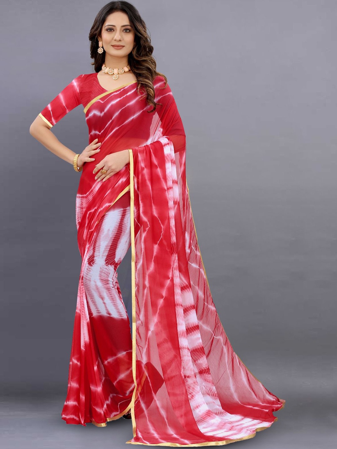 

JULEE Leheriya Pure Chiffon Saree, Red
