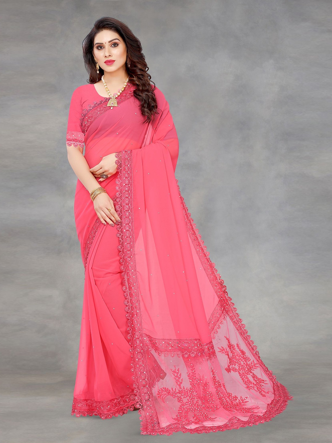 

JULEE Ethnic Motifs Beads and Stones Pure Georgette Saree, Pink