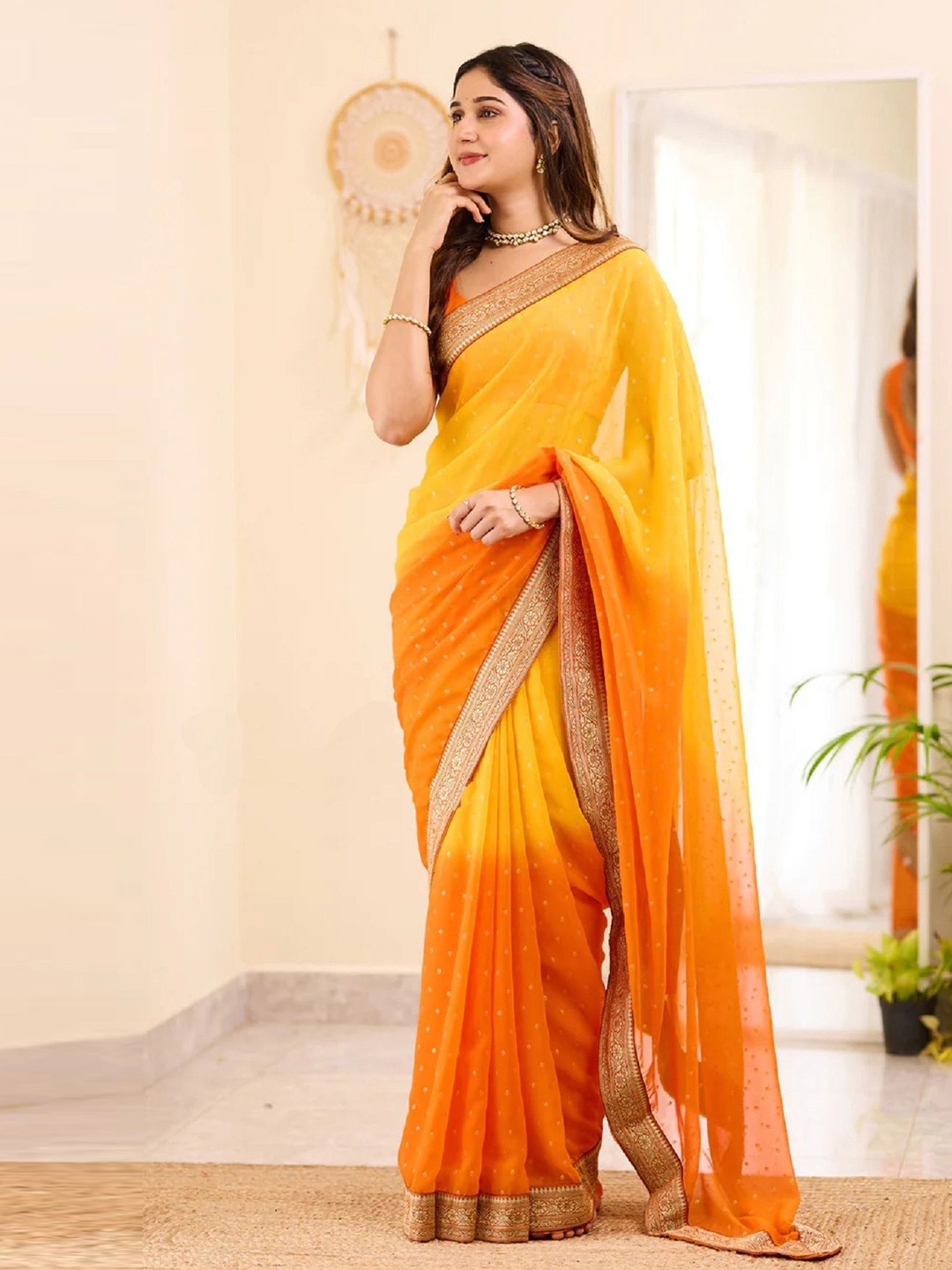 

JULEE Ethnic Motifs Zari Pure Georgette Saree, Yellow