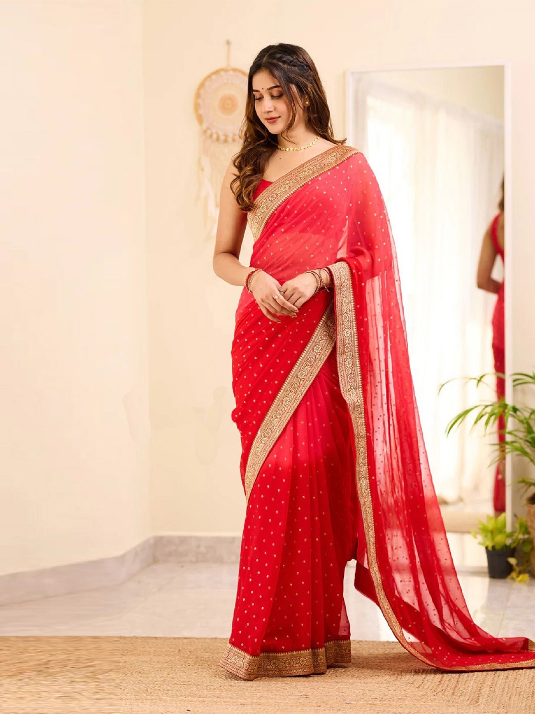 

JULEE Ethnic Motifs Zari Pure Georgette Saree, Red