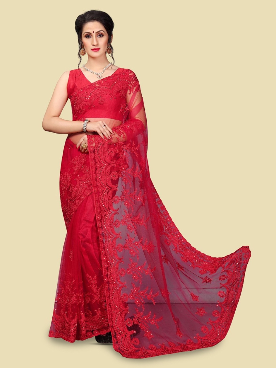 JULEE Floral Embroidered Embellished Net Saree, Red