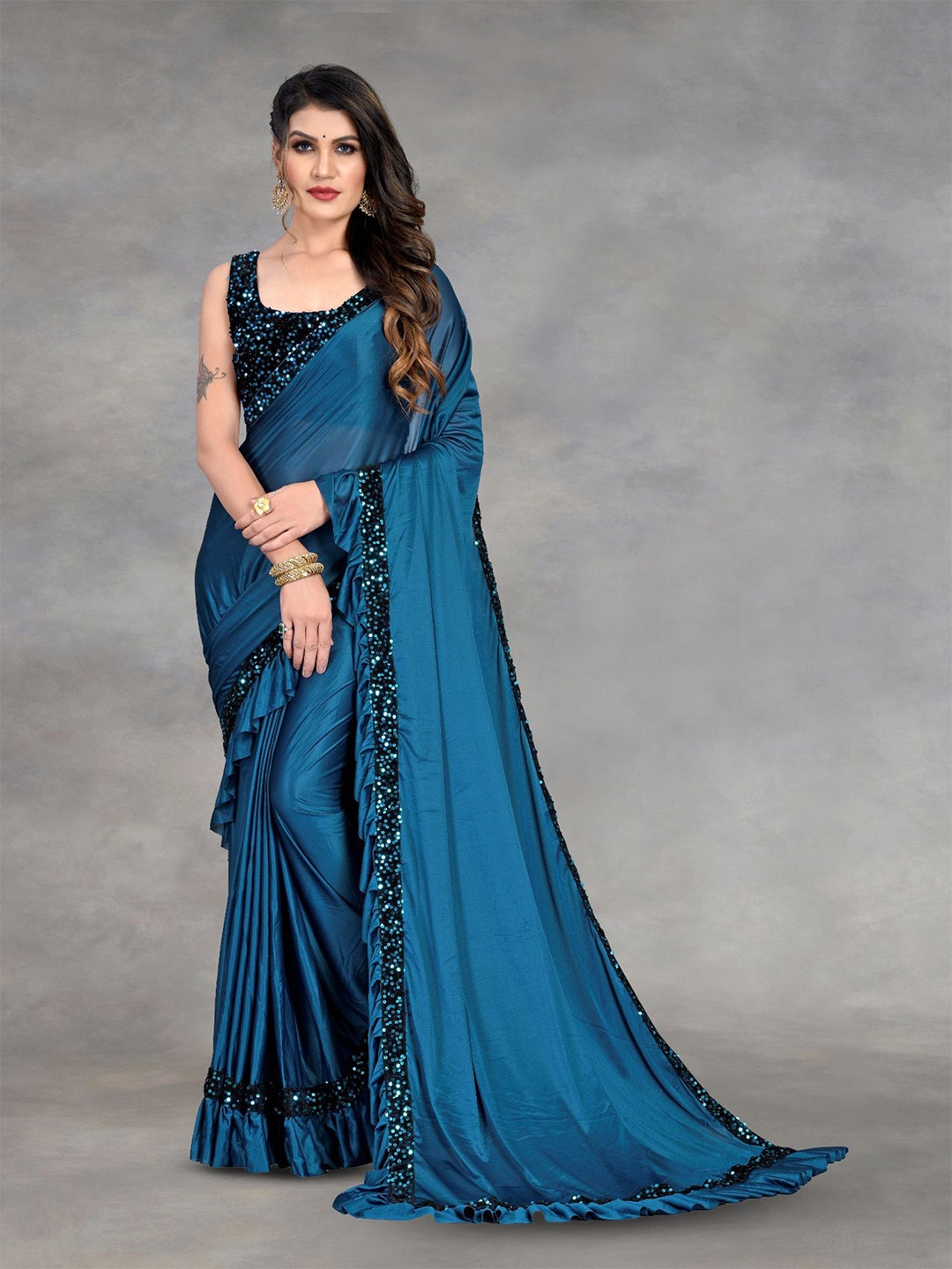 

JULEE Squence Embroidered Saree, Turquoise blue