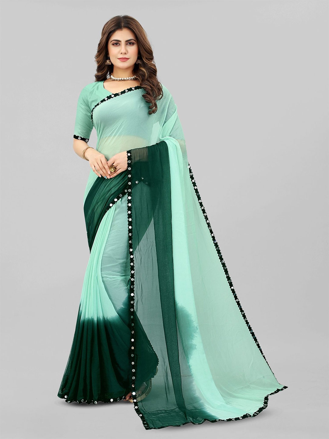 

JULEE Ombre Mirror Work Pure Chiffon Saree, Green