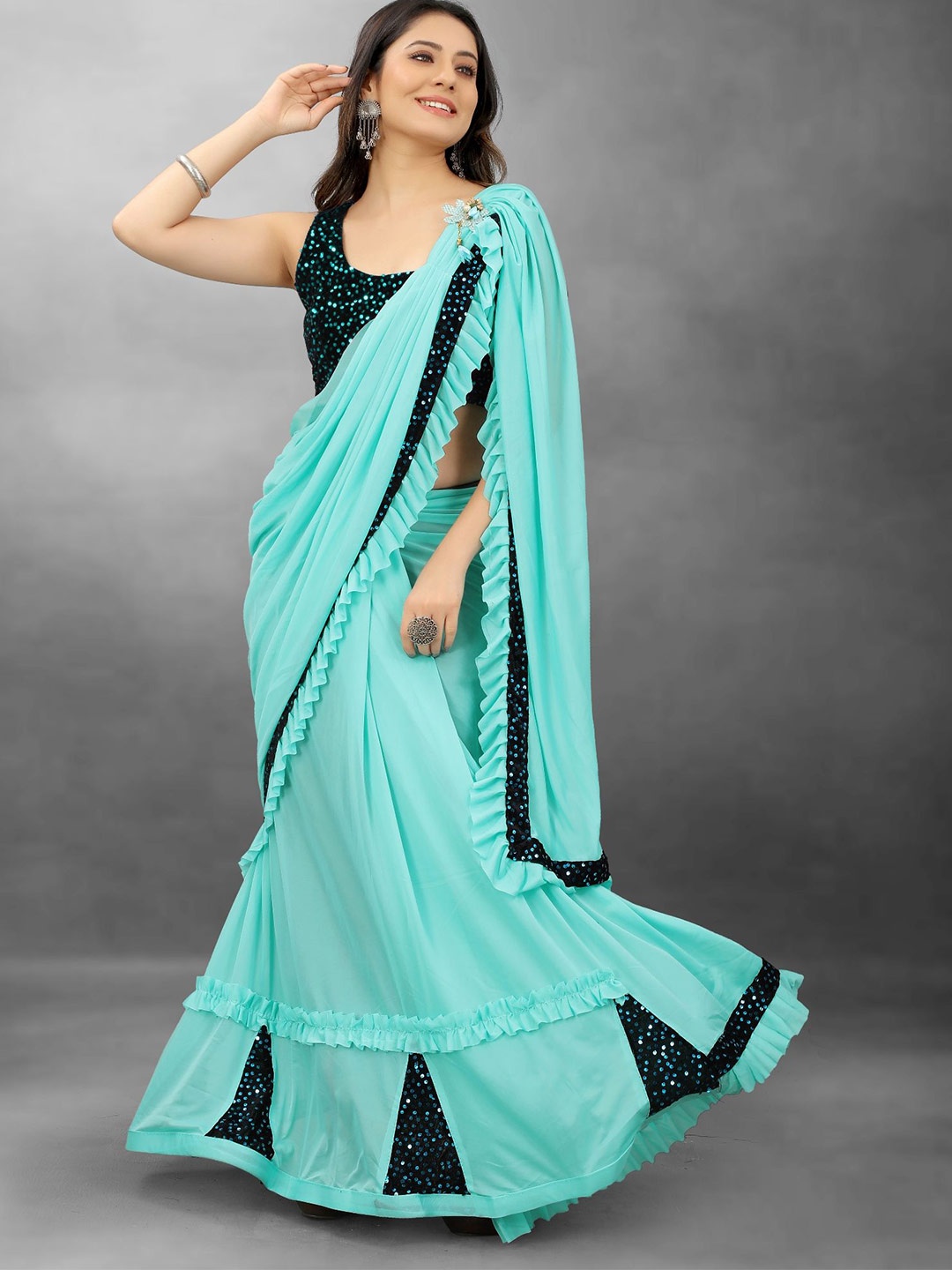 

JULEE Sequinned Saree, Turquoise blue