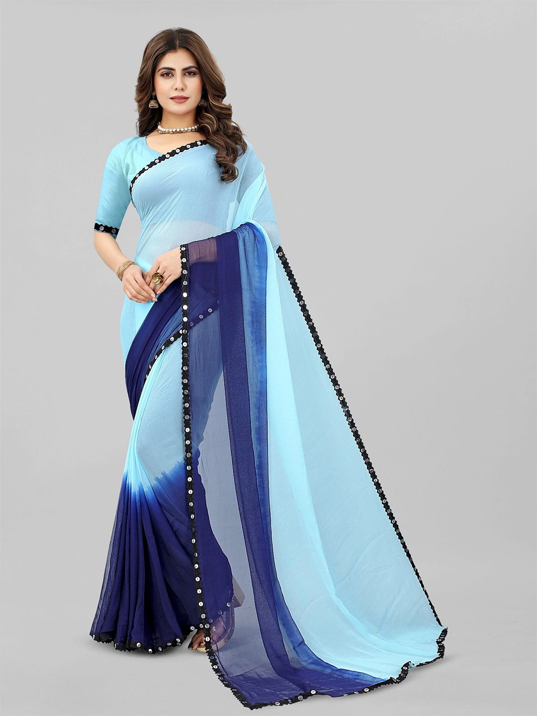 

JULEE Tie and Dye Mirror Work Pure Chiffon Saree, Turquoise blue