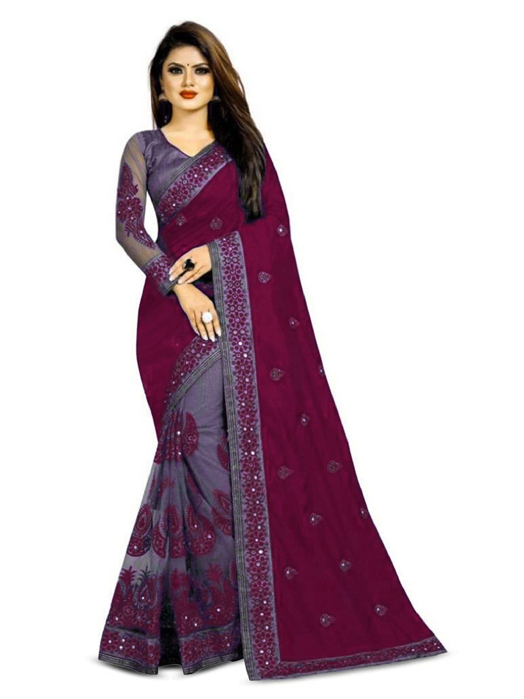 

JULEE Embellished Embroidered Half and Half Saree, Purple