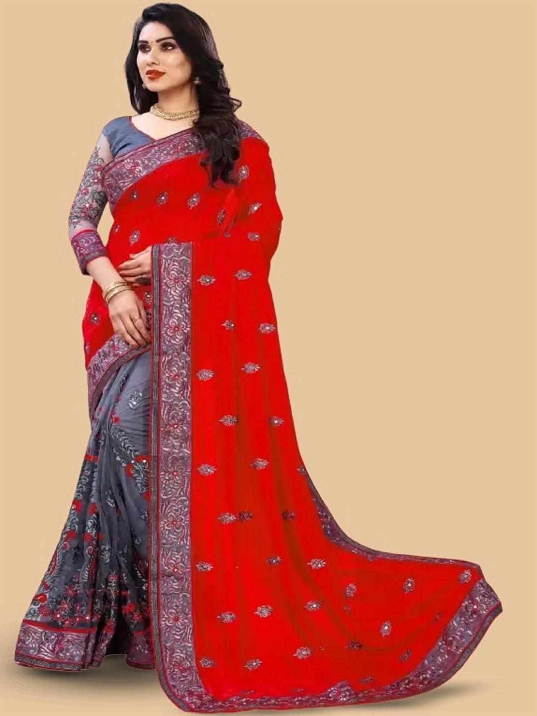 

JULEE Embellished Embroidered Half and Half Saree, Red